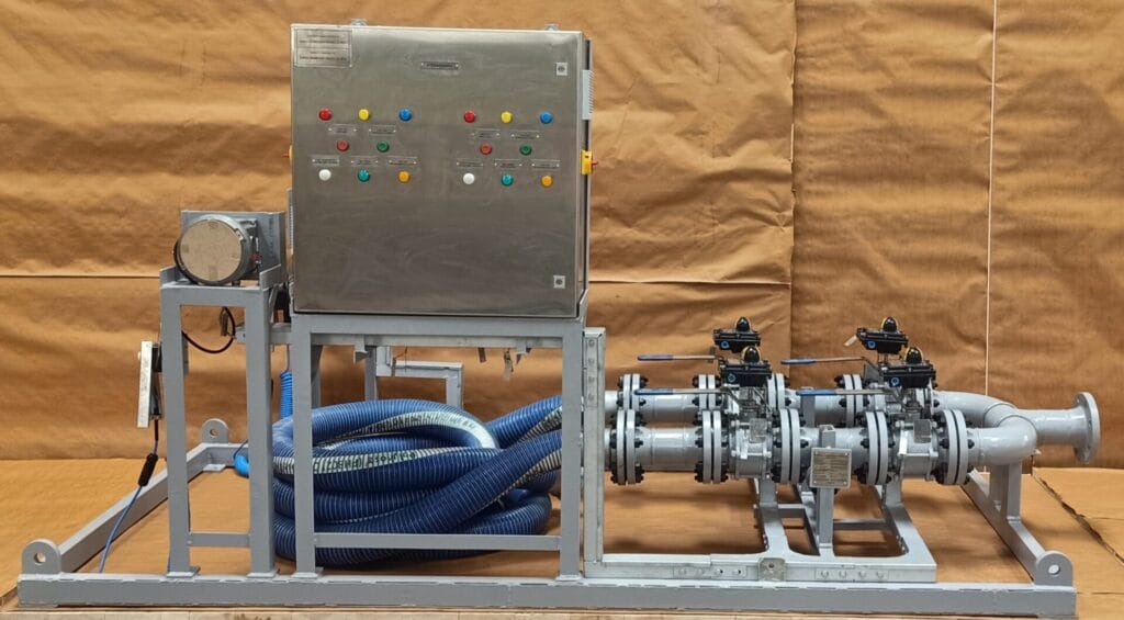 fuel unloading skids with metering